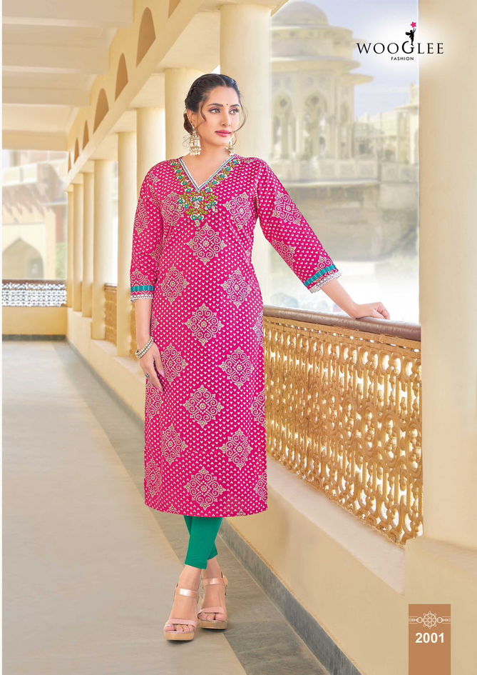 Rutika By Wooglee Rayon Printed Embroidery Kurti Wholesale Market In Surat